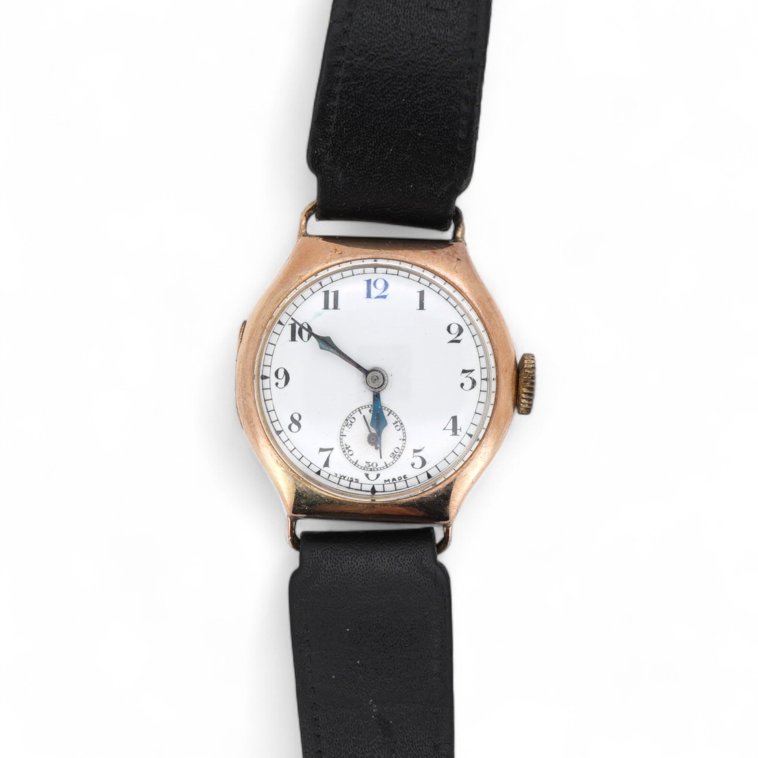 A gentleman's late 1920's 9ct gold Visible manual wind wrist watch, with Arabic dial and subsidiary seconds, case diameter 29mm, on a later associated leather strap.